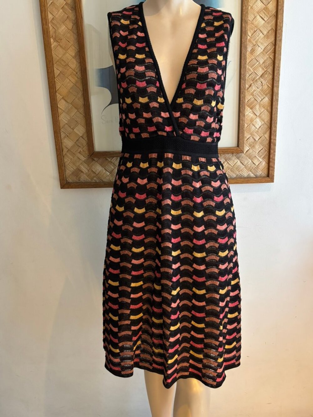 M MISSONI Metallic Weave Fit & Flare Low V-Neck Dress Black Red Gold IT 44 US 8